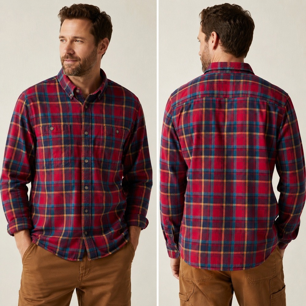 Duluth Trading Co Flannel Shirt Mens 2XL Red Plaid Relaxed Fit Cotton Workwear
